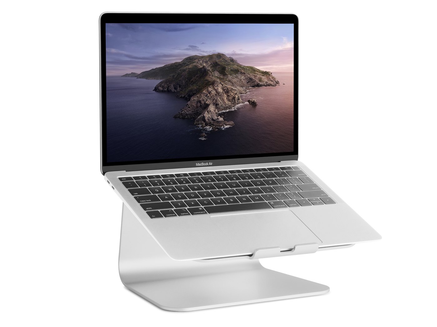 Photo of a MacBook Air elevated on the silver Rain Design mStand laptop stand.