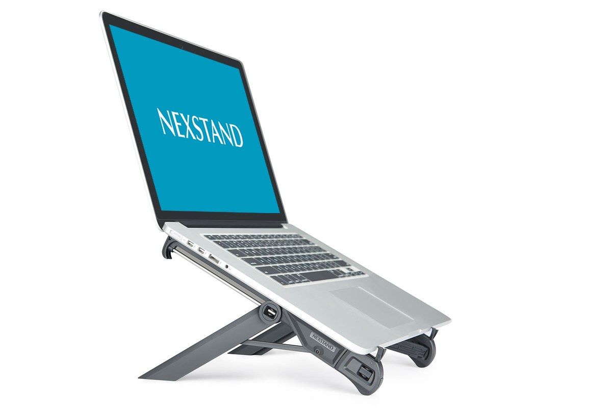 Nexstand K7 portable laptop stand holding a laptop, front view. Official product photo.
